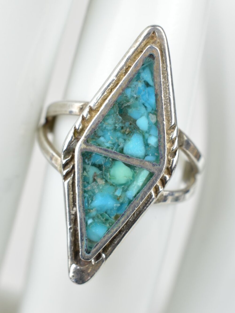 Vintage Navajo Turquoise Chip Inlay Sterling Silver Ring Sz 6.5 Southwestern